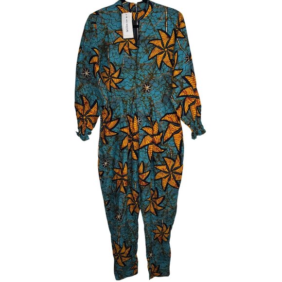 NWT African Print Long Sleeve Blue Orange Jumpsuit Pockets By Ace Kouture Size S - Picture 1 of 9
